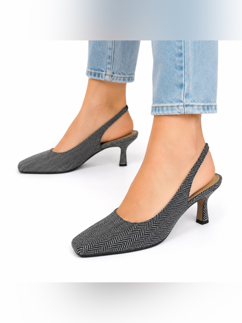 Karen Scott Herringbone Slingback Heels Grey Black Size 8.5